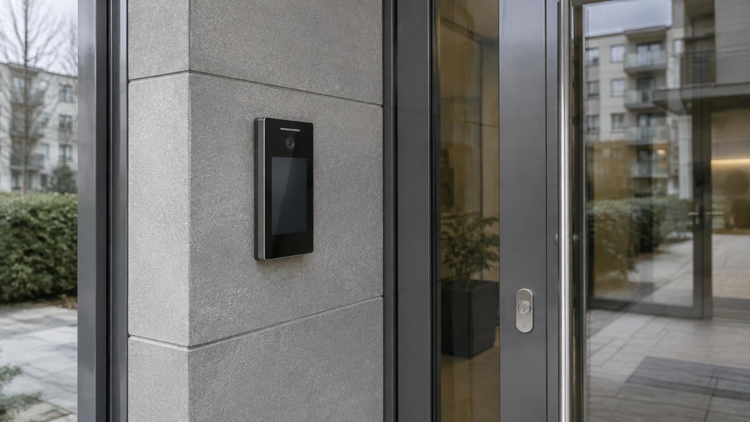 Wall-mounted video reader with a camera lens beside an apartment building entrance (illustrative scene)