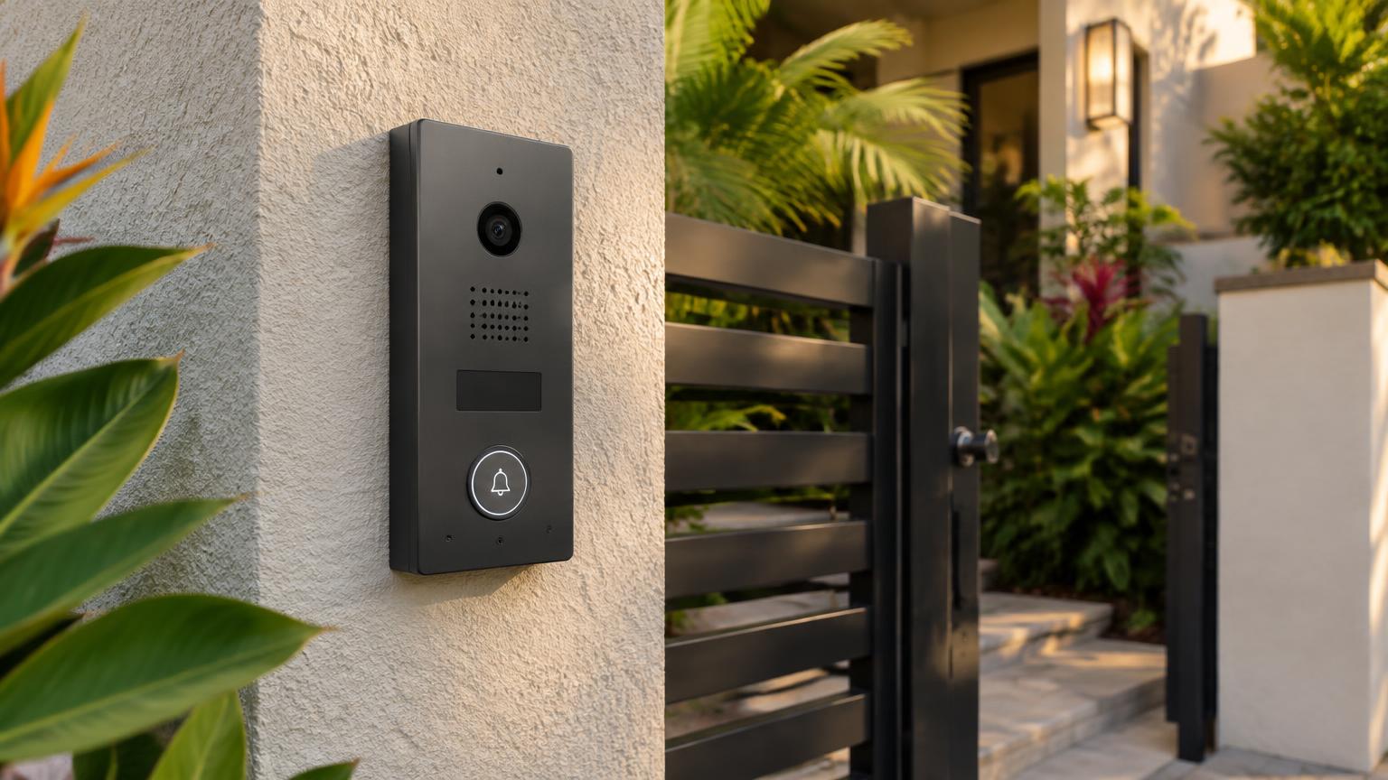 Video door station with call button on a stucco wall beside a townhouse gate (illustrative scene)