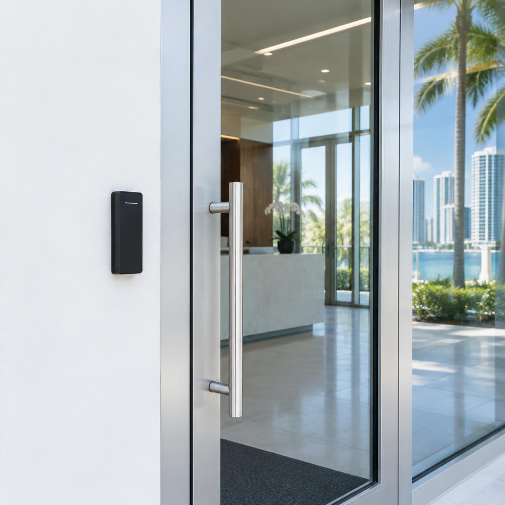 Black card reader beside a modern glass office entrance