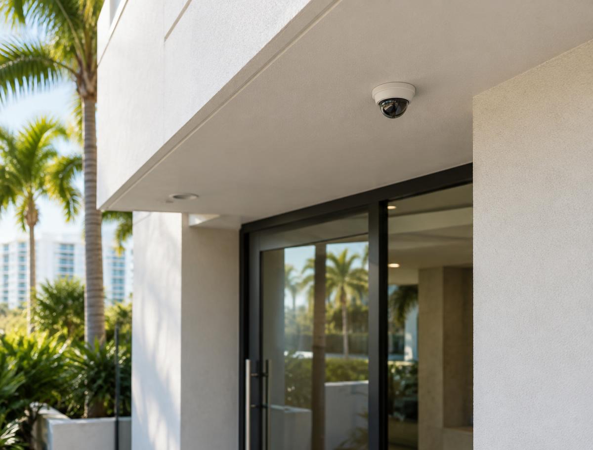 Small dome security camera under the overhang of a building entrance