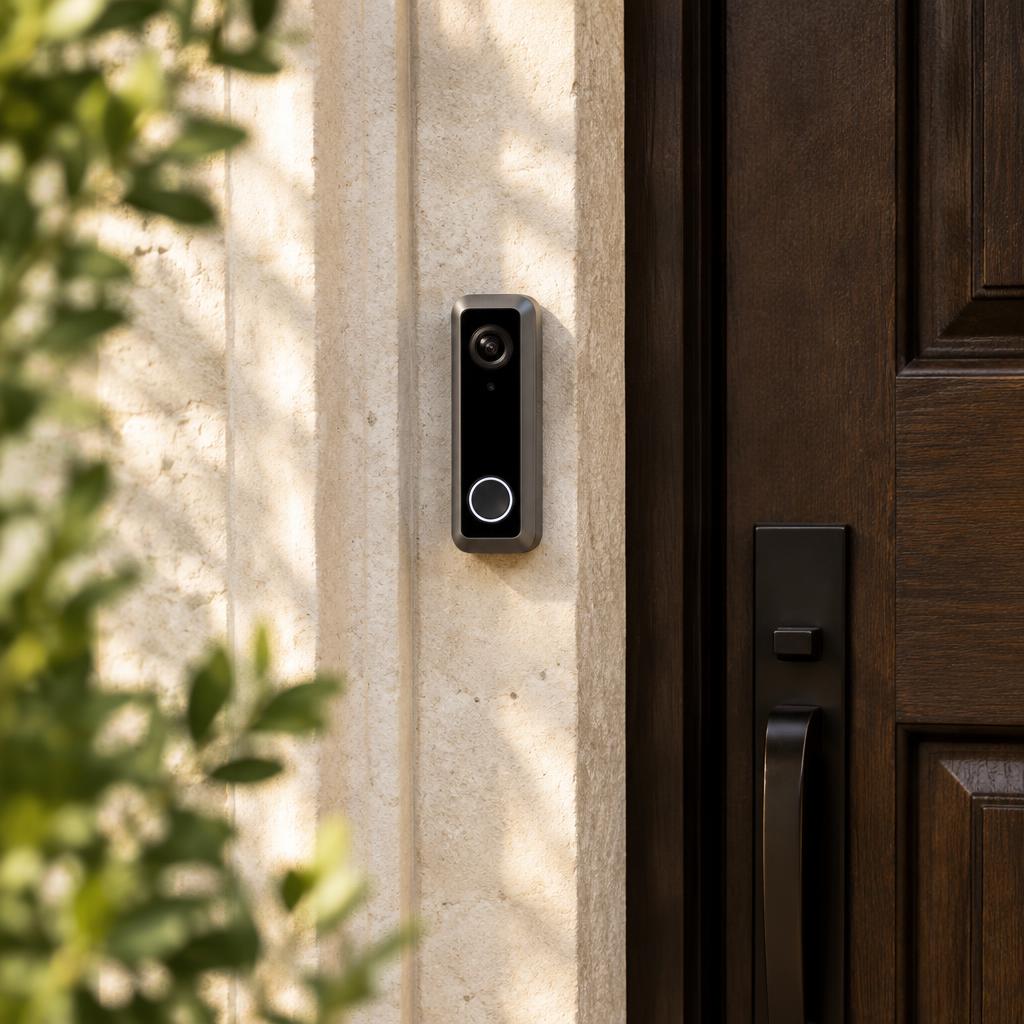 Slim video doorbell mounted on a limestone door frame
