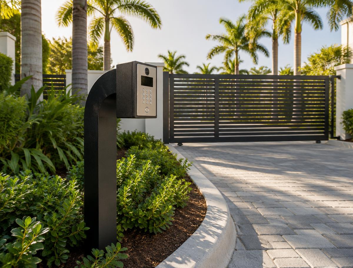 Gate intercom keypad on a pedestal beside a sliding driveway gate