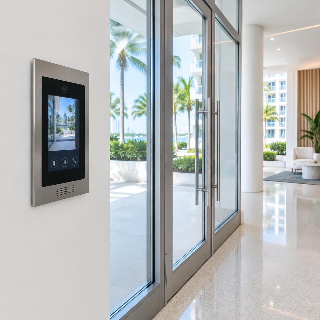 Touchscreen video intercom panel in a bright condominium lobby