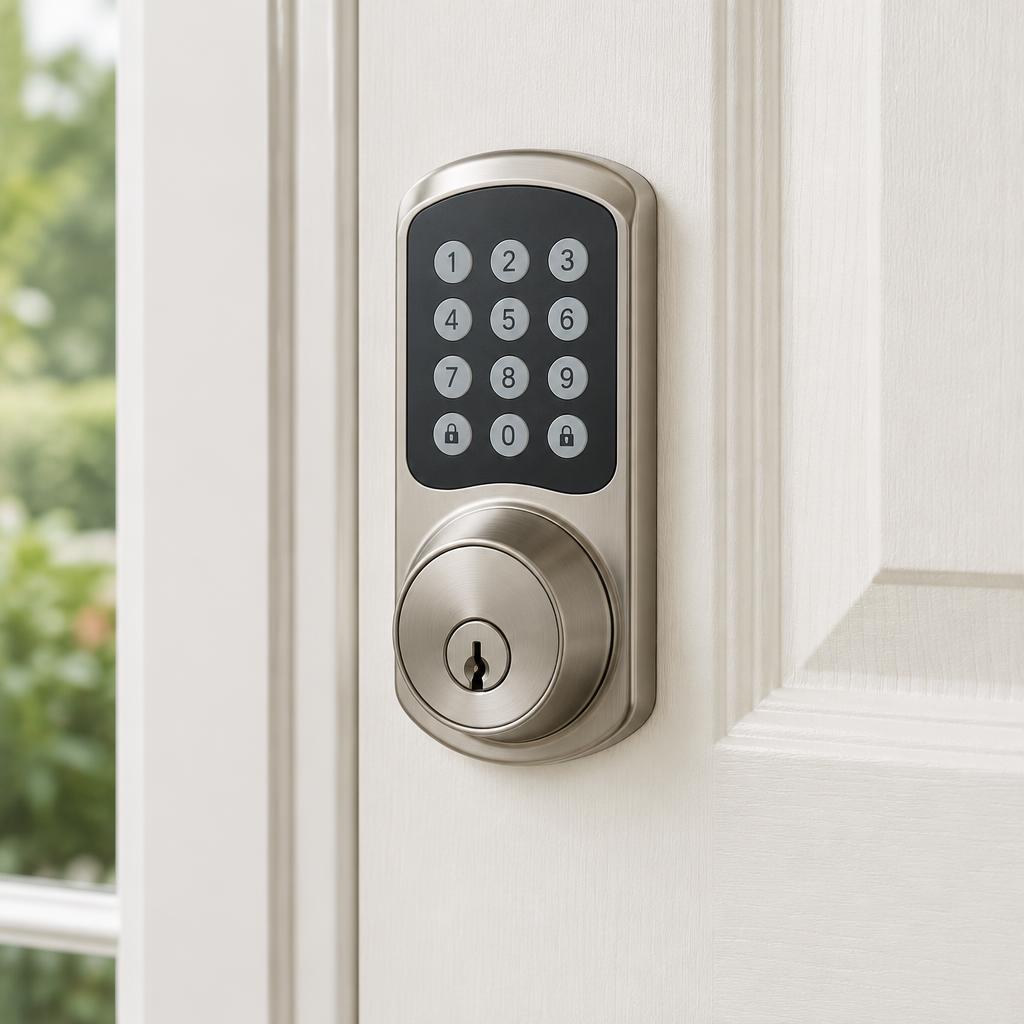 Keypad smart deadbolt installed on a white front door
